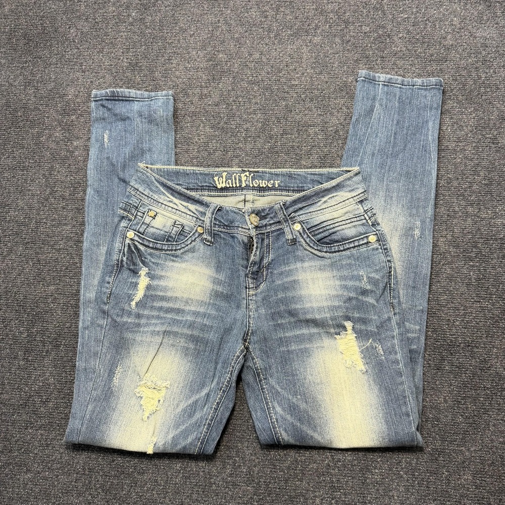 WallFlower Skinny Jeans Juniors 5 Medium Wash Blue Slim Distressed Denim Pants